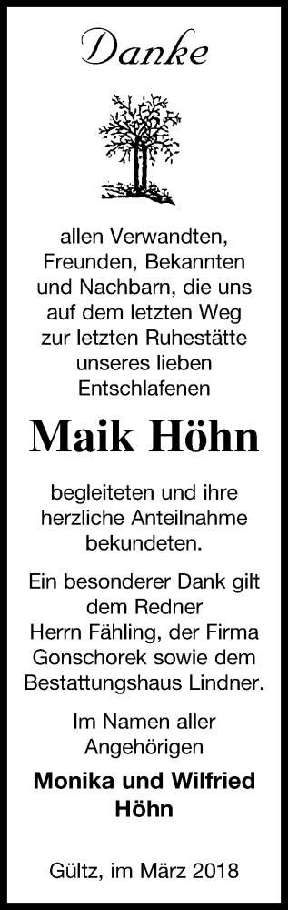 Traueranzeige von Maik Höhn von Neubrandenburger Zeitung