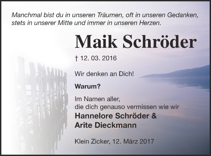  Traueranzeige für Maik Schröder vom 11.03.2017 aus Neubrandenburger Zeitung