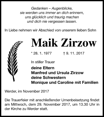 Traueranzeige von Maik Zirzow von Neubrandenburger Zeitung