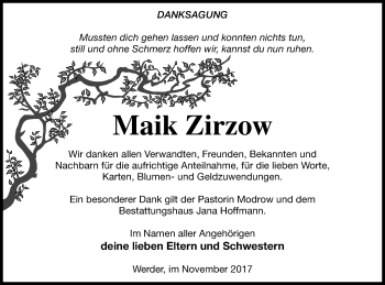 Traueranzeige von Maik Zirzow von Neubrandenburger Zeitung