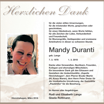 Traueranzeige von Mandy Duranti von Müritz-Zeitung