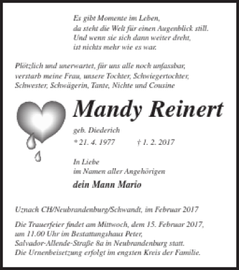 Traueranzeige von Mandy Reinert von Neubrandenburger Zeitung