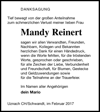 Traueranzeige von Mandy Reinert von Neubrandenburger Zeitung