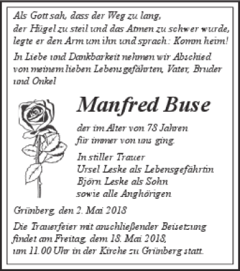 Traueranzeige von Manfred Buse von Prenzlauer Zeitung