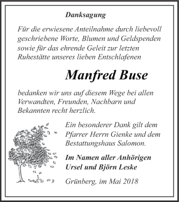 Traueranzeige von Manfred Buse von Prenzlauer Zeitung