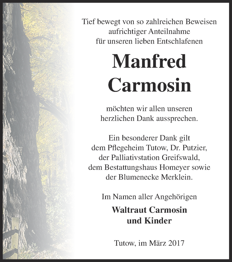  Traueranzeige für Manfred Carmosin vom 13.04.2017 aus Vorpommern Kurier