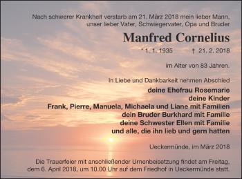 Traueranzeige von Manfred Cornelius von Haff-Zeitung