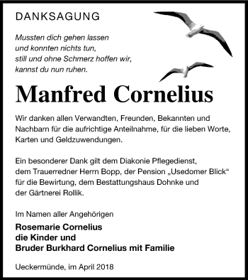 Traueranzeige von Manfred Cornelius von Haff-Zeitung