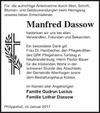 Traueranzeige von Manfred Dassow von Demminer Zeitung