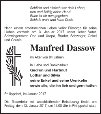 Traueranzeige von Manfred Dassow von Demminer Zeitung