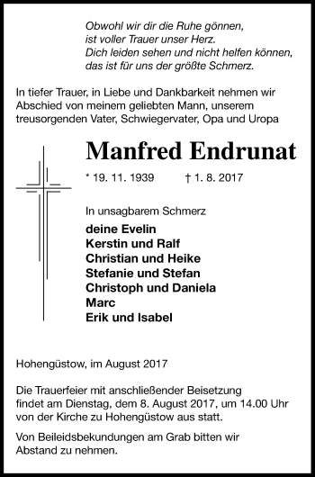 Traueranzeige von Manfred Endrunat von Prenzlauer Zeitung