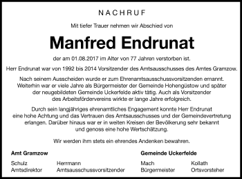 Traueranzeige von Manfred Endrunat von Uckermark Kombination