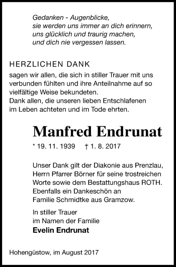 Traueranzeige von Manfred Endrunat von Prenzlauer Zeitung