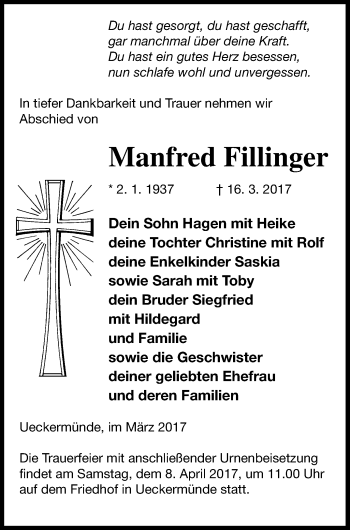 Traueranzeige von Manfred Fillinger von Haff-Zeitung