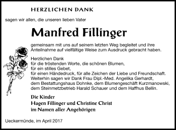 Traueranzeige von Manfred Fillinger von Haff-Zeitung