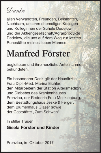 Traueranzeige von Manfred Förster von Prenzlauer Zeitung