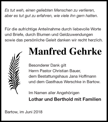 Traueranzeige von Manfred Gehrke von Neubrandenburger Zeitung