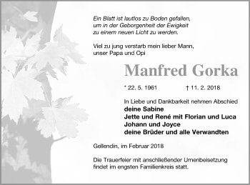 Traueranzeige von Manfred Gorka von Vorpommern Kurier