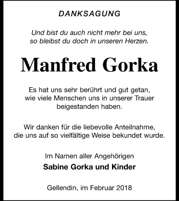 Traueranzeige von Manfred Gorka von Vorpommern Kurier