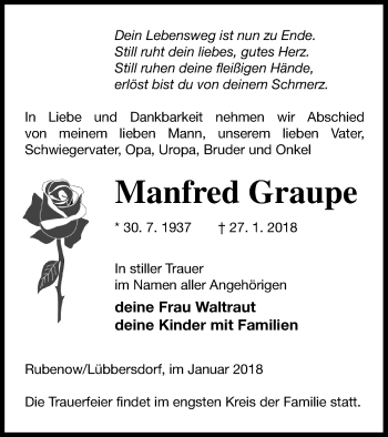 Traueranzeige von Manfred Graupe von Vorpommern Kurier