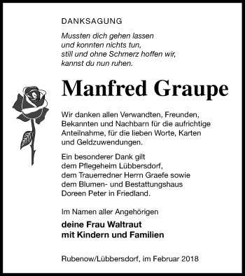 Traueranzeige von Manfred Graupe von Vorpommern Kurier