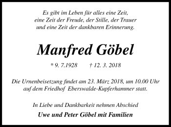 Traueranzeige von Manfred Göbel von Vorpommern Kurier