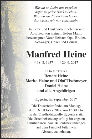Traueranzeige von Manfred Heine von Haff-Zeitung