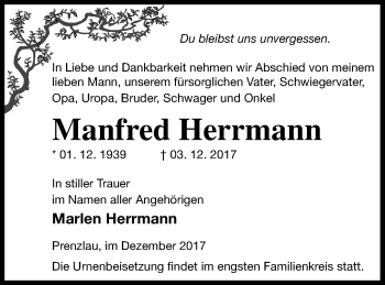 Traueranzeige von Manfred Herrmann von Prenzlauer Zeitung