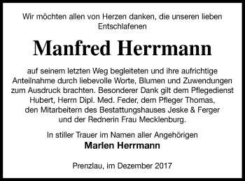 Traueranzeige von Manfred Herrmann von Prenzlauer Zeitung