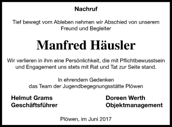 Traueranzeige von Manfred Häusler von Pasewalker Zeitung