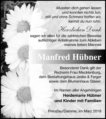 Traueranzeige von Manfred Hübner von Prenzlauer Zeitung