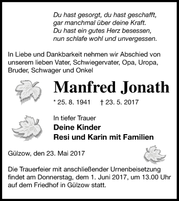 Traueranzeige von Manfred Jonath von Mecklenburger Schweiz