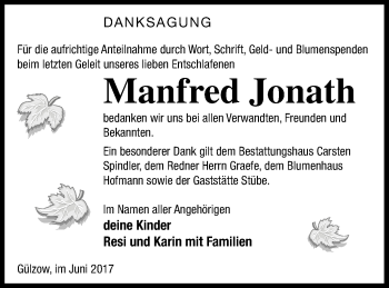 Traueranzeige von Manfred Jonath von Mecklenburger Schweiz