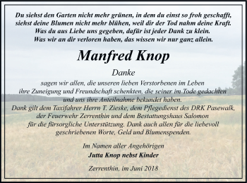 Traueranzeige von Manfred Knop von Pasewalker Zeitung