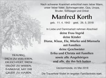 Traueranzeige von Manfred Korth von Haff-Zeitung