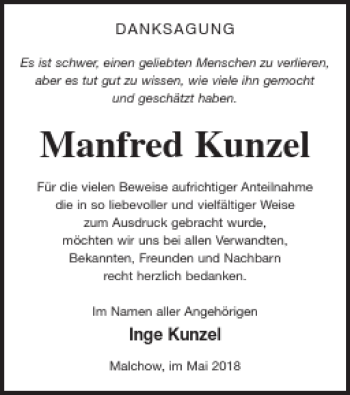 Traueranzeige von Manfred Kunzel von Müritz-Zeitung