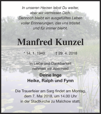 Traueranzeige von Manfred Kunzel von Müritz-Zeitung