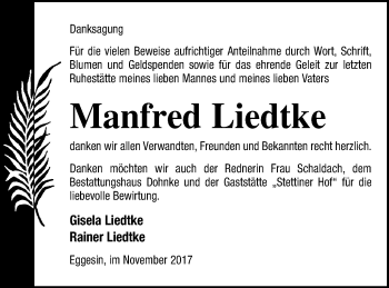 Traueranzeige von Manfred Liedtke von Haff-Zeitung