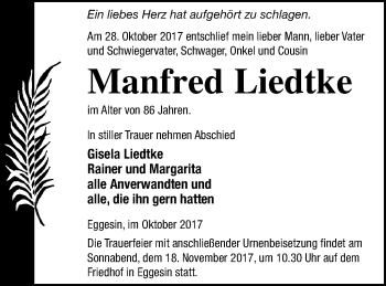 Traueranzeige von Manfred Liedtke von Haff-Zeitung