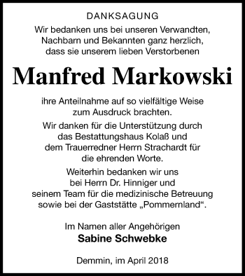 Traueranzeige von Manfred Markowski von Demminer Zeitung