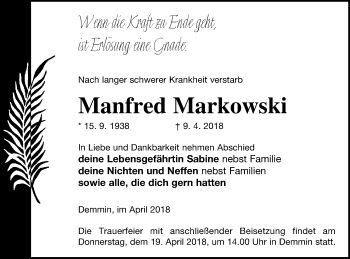 Traueranzeige von Manfred Markowski von Demminer Zeitung