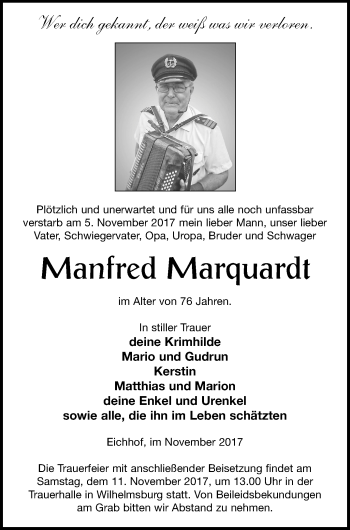 Traueranzeige von Manfred Marquardt von Haff-Zeitung