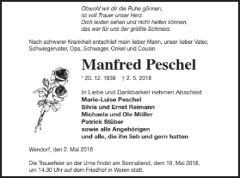 Traueranzeige von Manfred Peschel von Müritz-Zeitung