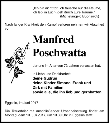 Traueranzeige von Manfred Poschwatta von Haff-Zeitung
