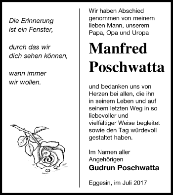 Traueranzeige von Manfred Poschwatta von Haff-Zeitung