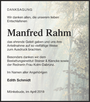 Traueranzeige von Manfred Rahm von Haff-Zeitung