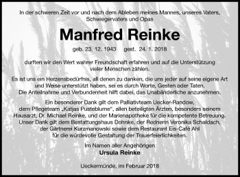Traueranzeige von Manfred Reinke von Haff-Zeitung