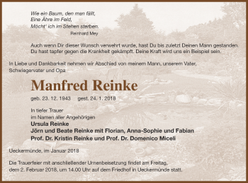 Traueranzeige von Manfred Reinke von Haff-Zeitung