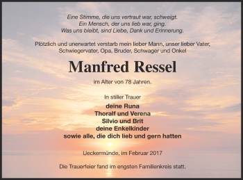 Traueranzeige von Manfred Ressel von Haff-Zeitung