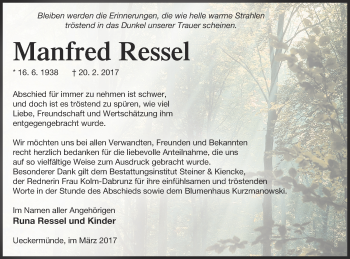 Traueranzeige von Manfred Ressel von Haff-Zeitung